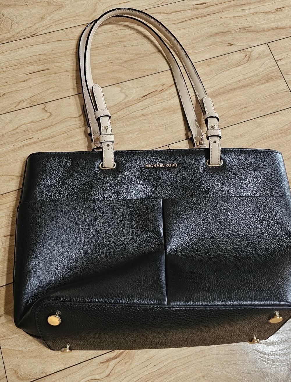 Michael Kors Bedford Top Zip Tote Bag Black Leather 4 Outer Pockets Handbag NICE